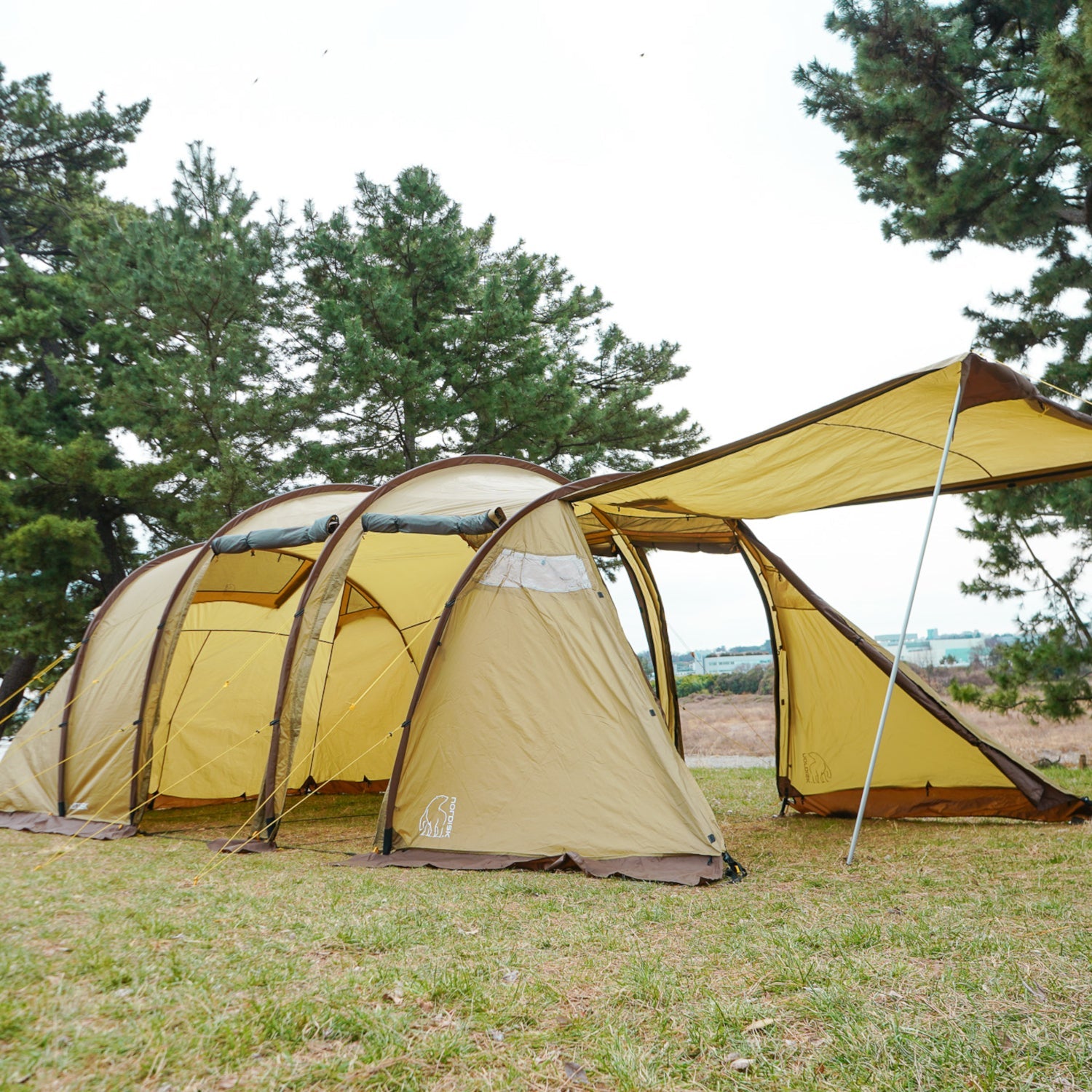 Three yellow tents with brown accents set up in a grassy area with trees in the background