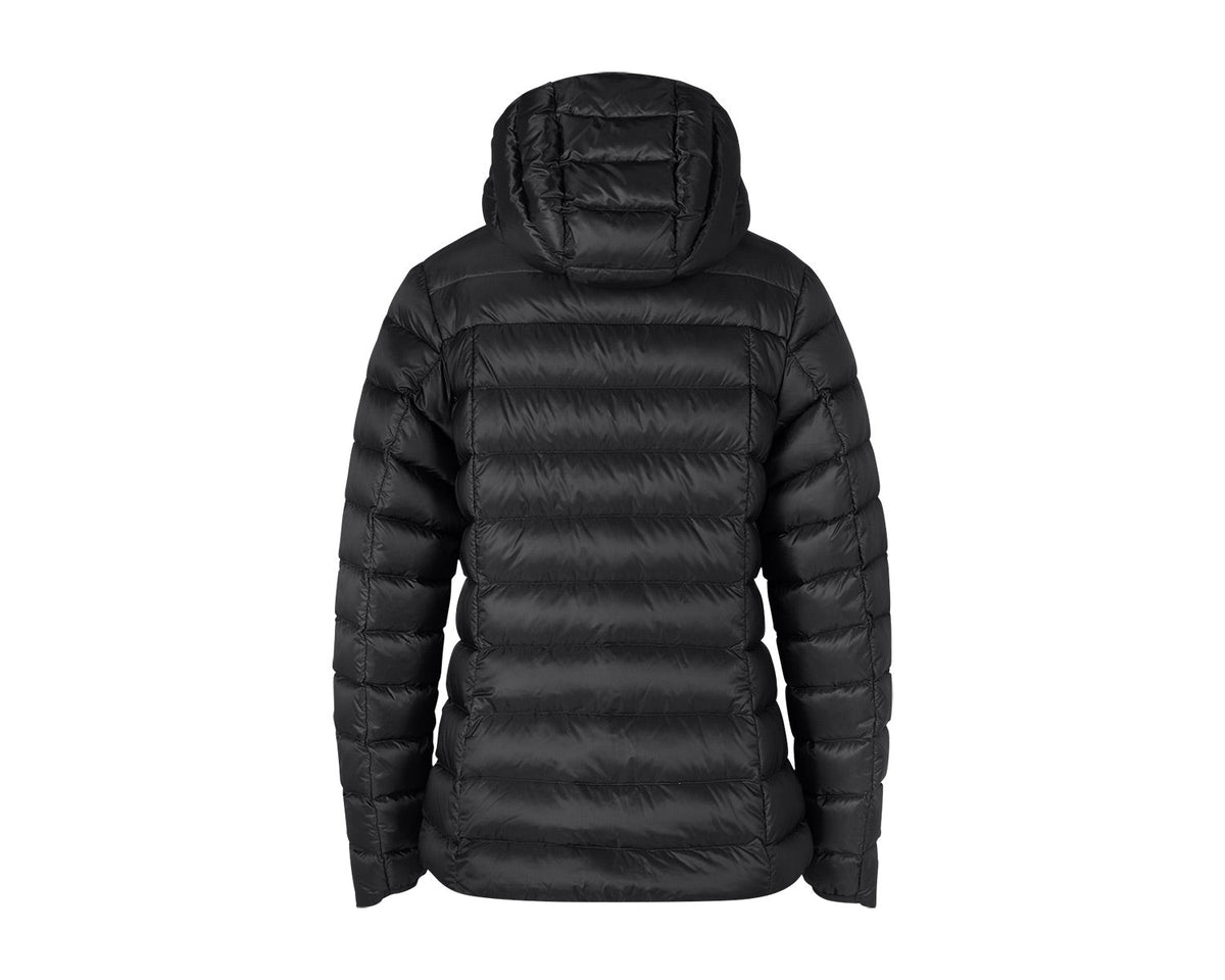 Black puffer jacket with a hood on a white background