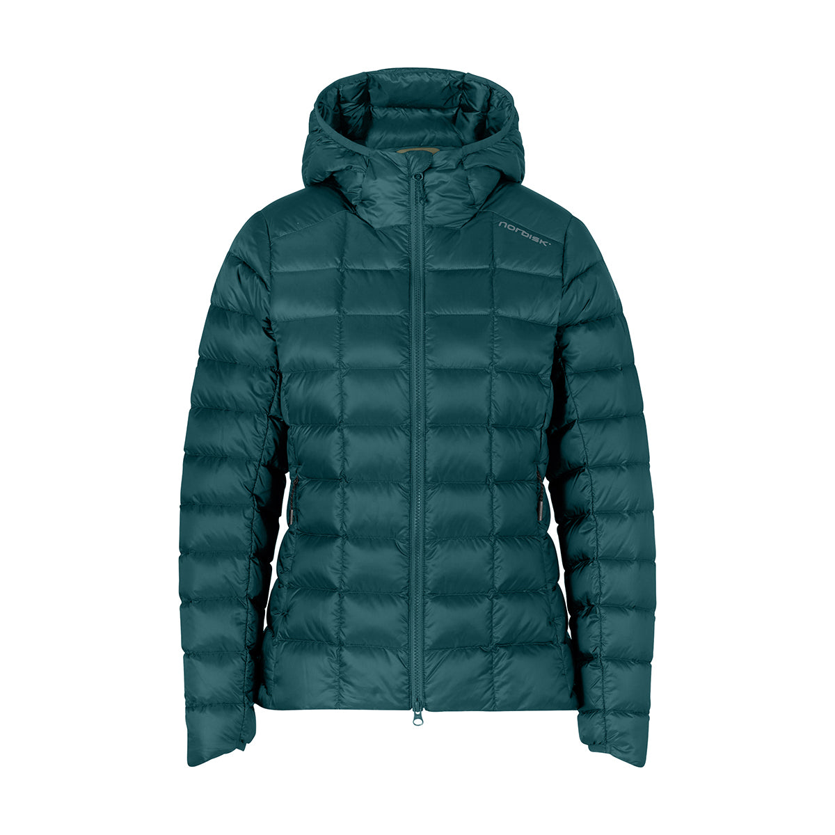 A dark teal green hooded puffer jacket with a full-front zipper, shown on a plain white background.