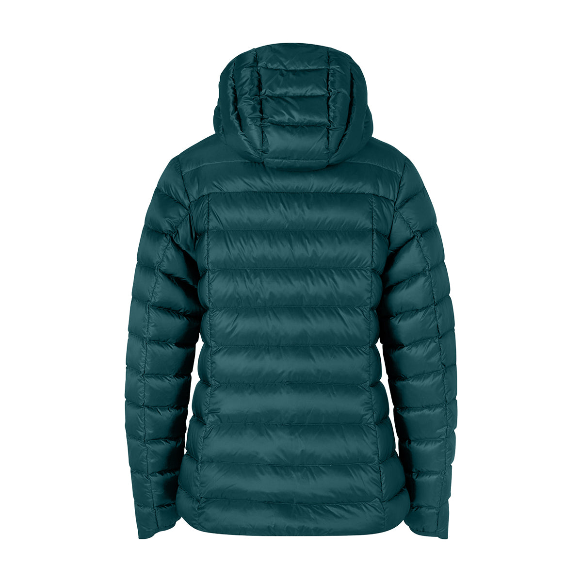 A dark teal hooded puffer jacket shown from the back, featuring horizontal quilting and a high padded collar, set against a plain white background.