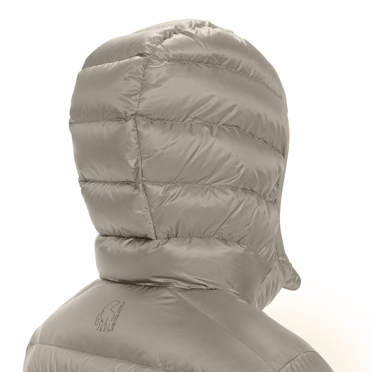 Close-up back view of a puffer jacket in a light gray color, showing the quilted hood and a small embroidered polar bear logo on the shoulder.