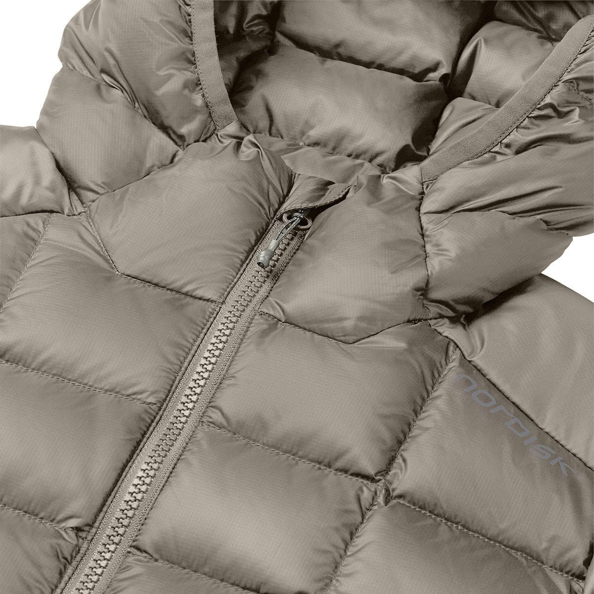 Close-up of a hooded puffer jacket in a muted taupe-gray color, showing the quilted stitching, front zipper, and a subtle Nordisk brand logo on the sleeve.