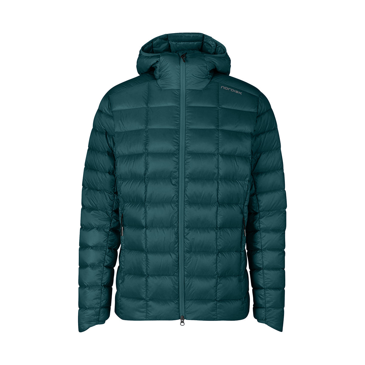 A dark teal hooded puffer jacket with a full-zip front, shown on a plain white background. The brand name 'NORDISK' is visible in white text on the upper right chest.