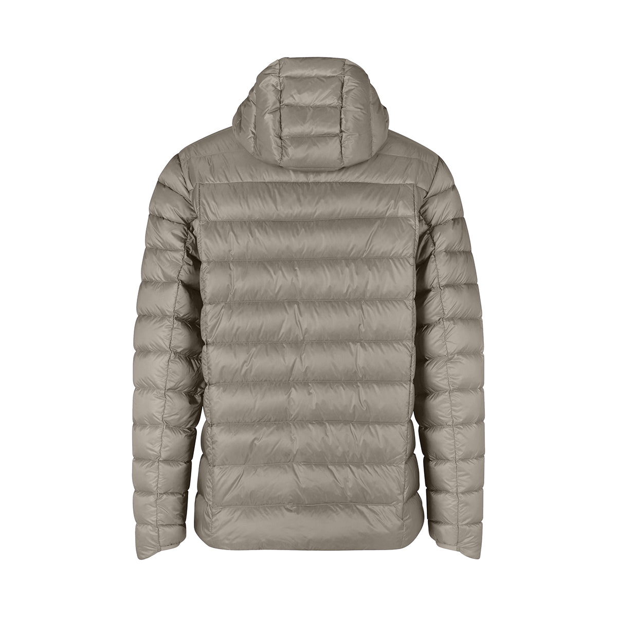 A hooded puffer jacket shown from the back, featuring horizontal quilting and a smooth, shiny finish in a light taupe-gray color, set against a plain white background.