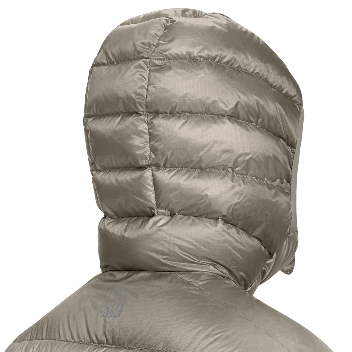 Close-up back view of a hooded puffer jacket in a metallic taupe-gray color, showing quilted padding and a subtle embroidered logo on the lower back.