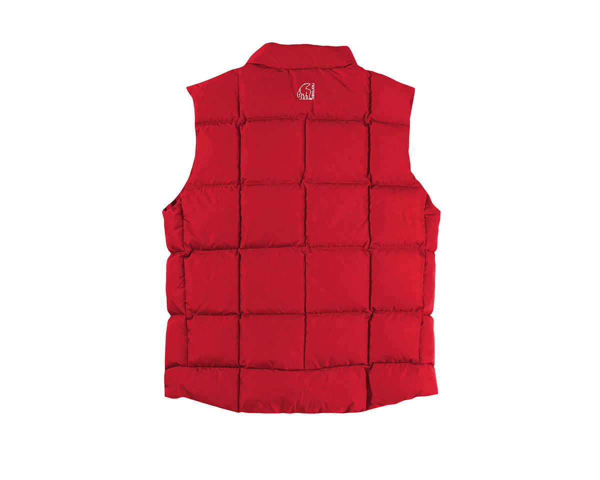 Red puffer vest with a brand logo on a white background