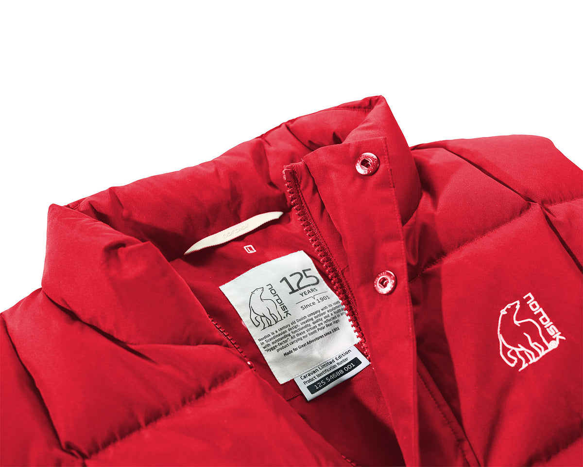 Red jacket with a brand label on a white background