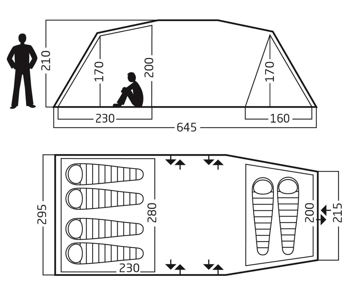 Measurement chart of a tent with dimensions labeled
