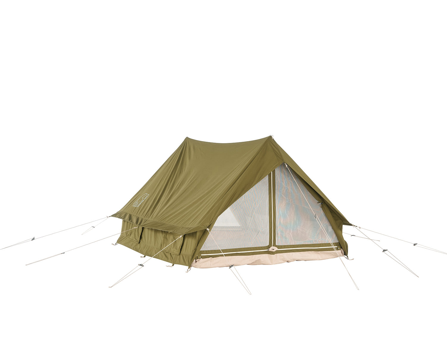 Green camping tent with mesh side on a white background