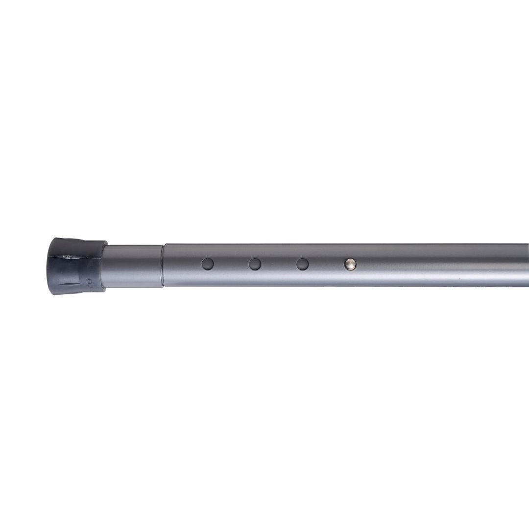 A close-up of a metallic gray metal pole or tube with a black cap on one end and three circular holes along the side, shown against a plain white background.