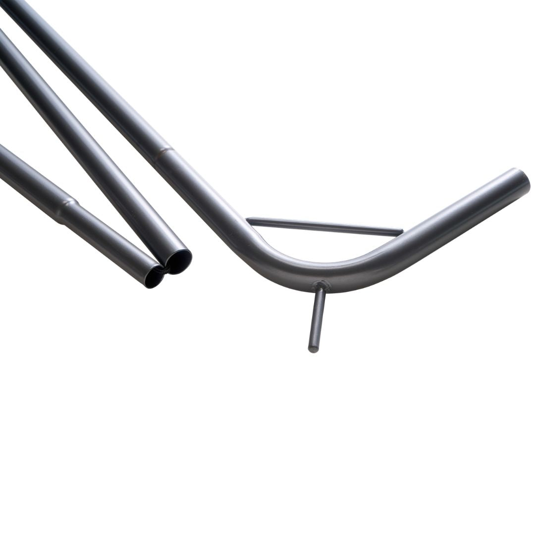 Dark gray metal tubular frame components, including a curved bar with a small vertical pin and a horizontal crossbar, shown on a plain white background.