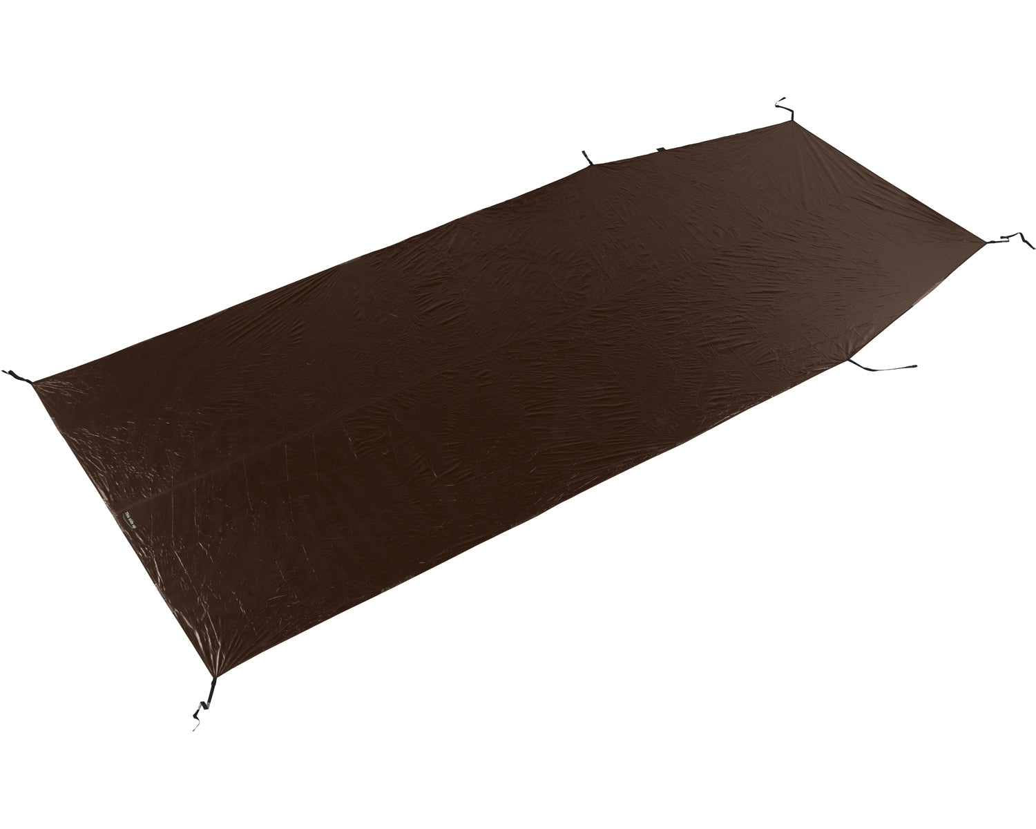 A demitasse brown tent footprint laid out on a white background.